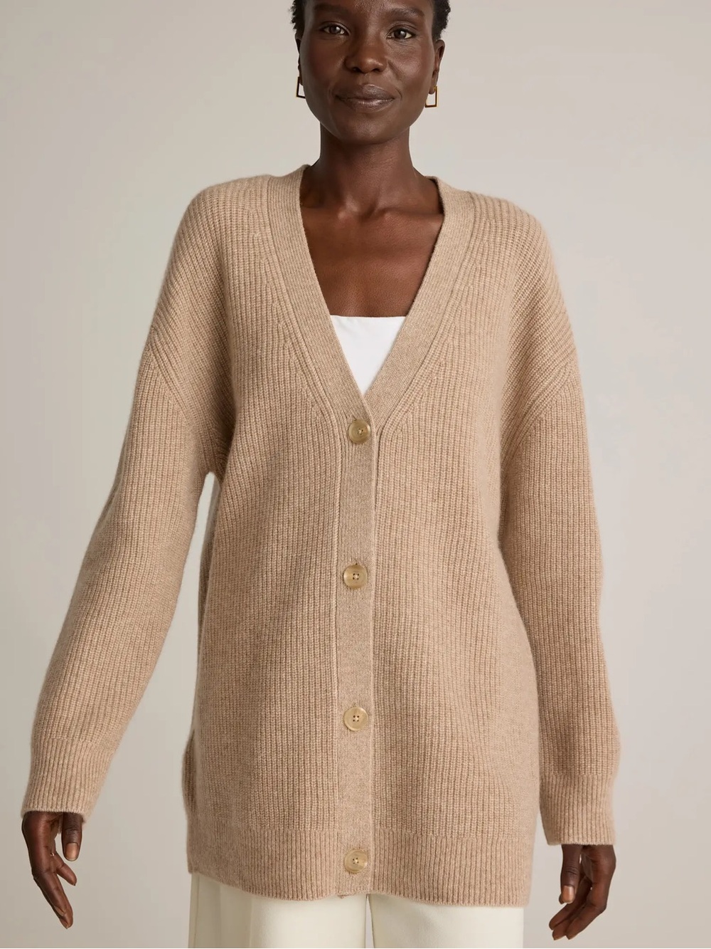 Quince Mongolian Cashmere Oversized Boyfriend Cardigan Sweater Oatmeal size L - Picture 2 of 16
